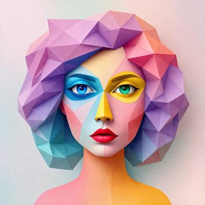 The primary subject of the image is a woman with a unique and colorful hairstyle. She has a purple and pink hair color, and her hair is styled in a way that resembles a geometric pattern. The setting is a white background, which provides a clean and minimalist look to the image. The visual style is a combination of digital art and illustration, creating a vibrant and eye-catching portrait. The colors and mood of the image are lively and energetic, with the woman's hair being the main focus and source of visual interest.